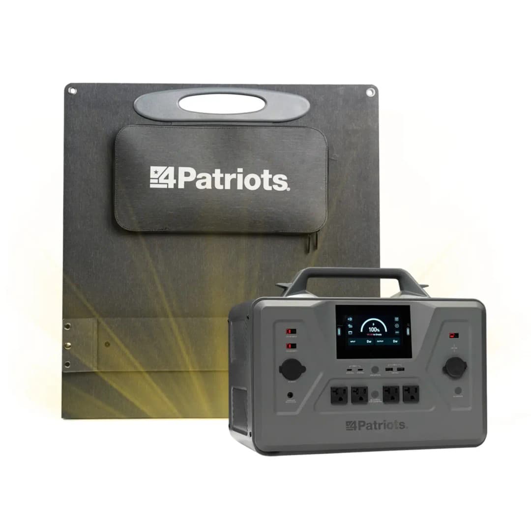 4Patriots Patriot Power Generator 2200X in front of a folded solar panel with carrying handle and branded pouch.