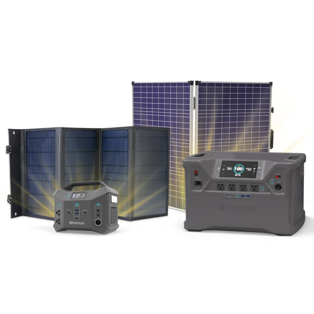 Graphic showing the Patriot Power Generator 2000X and Patriot Power Sidekick side-by-side with their solar panels.