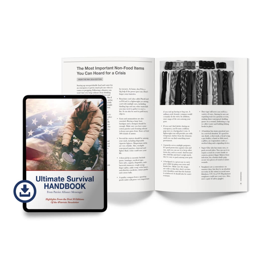 Tablet displaying "Ultimate Survival Handbook" cover next to an open book with survival tips