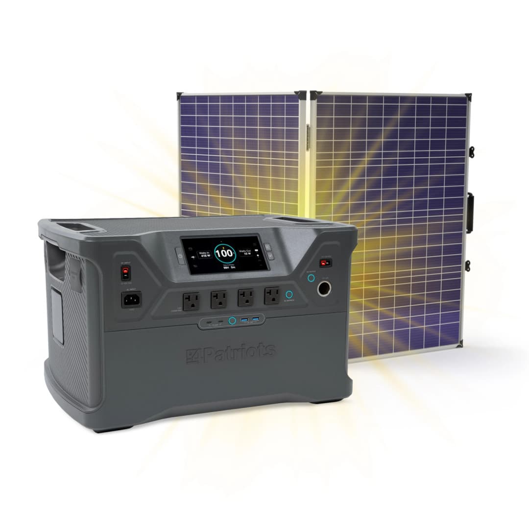 A Patriot portable power generator 2500X paired with a foldable solar panel, emitting bright yellow light rays to signify its solar energy capabilities. The generator's digital display shows a full 100% charge, highlighting its efficiency and readiness for use."